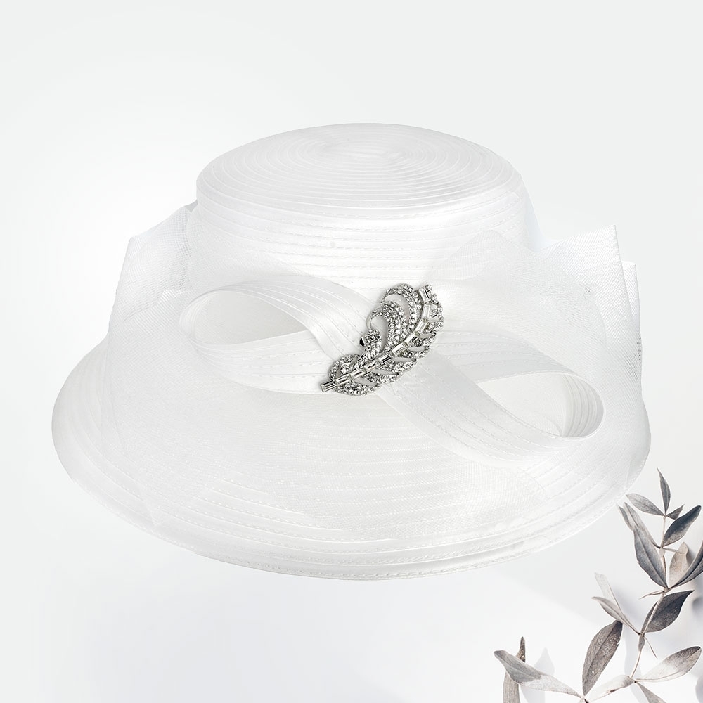White Rhinestone Feather Mesh Bow Organza Dressy Kentucky Derby Church Hat Women